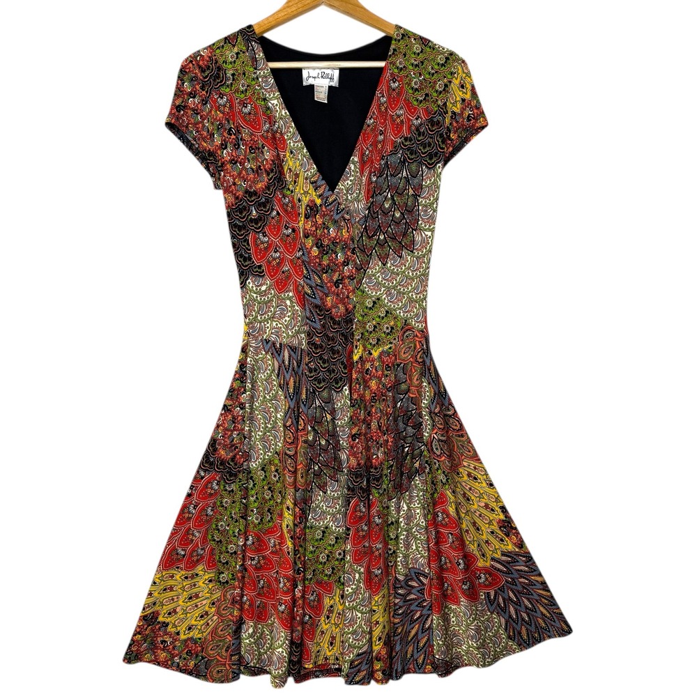 Joseph Ribkoff Dress Women 8 Paisley Peacock Print V Neck MIDI Multicolor - Picture 3 of 14